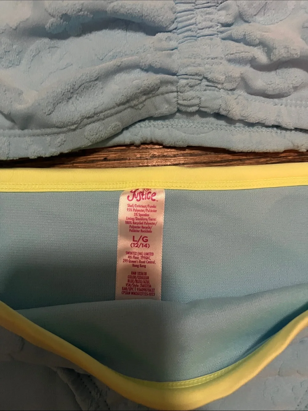 Justice Light Blue Bikini Set with Yellow Trim and Pink Strap